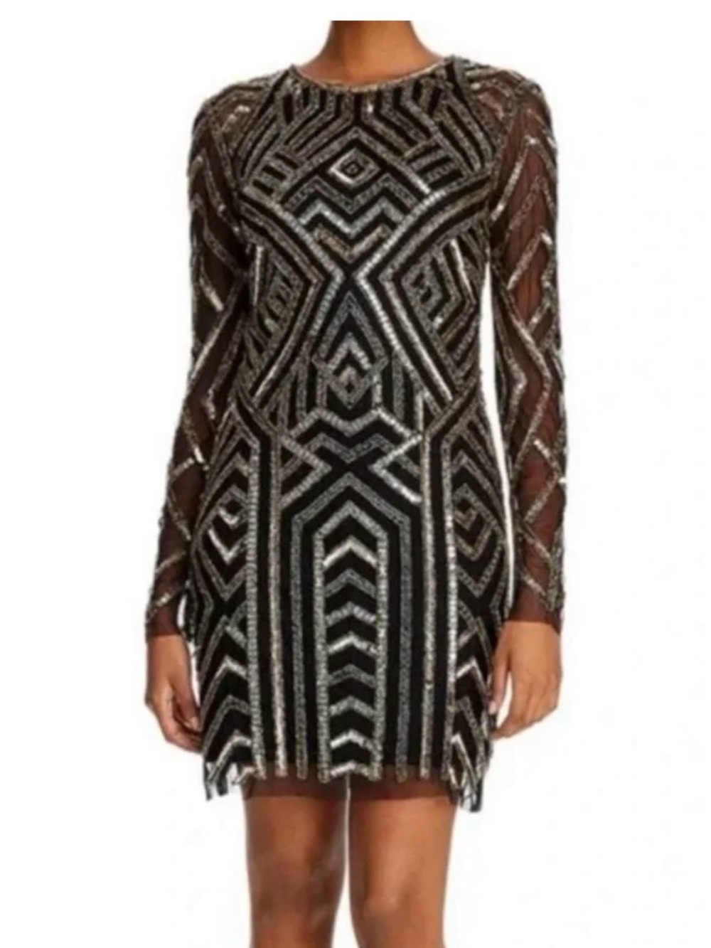 Black Beaded Long-Sleeve Cocktail Dress